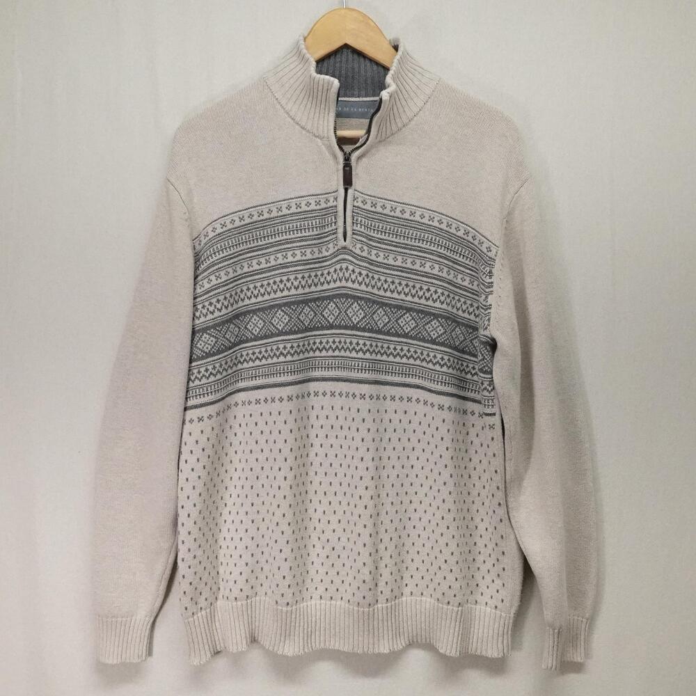 Fair Isle Sweater Mens Large 1/4 Zip Mock Neck Cotton Oscar De La Renta